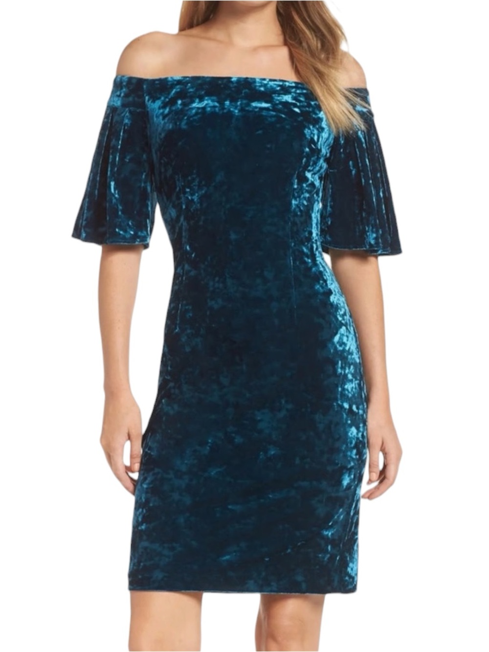 Eliza J Velvet Sheath Dress Teal Blue Flutter Sleeve Scoop Neck Size 8